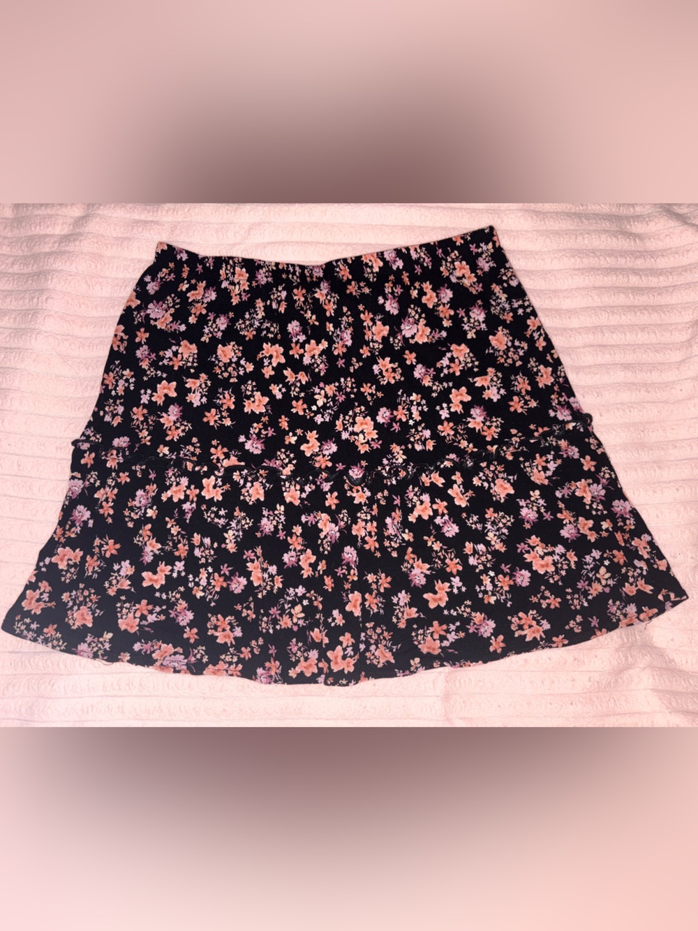 Black Floral Mini Skirt with Pink Accents